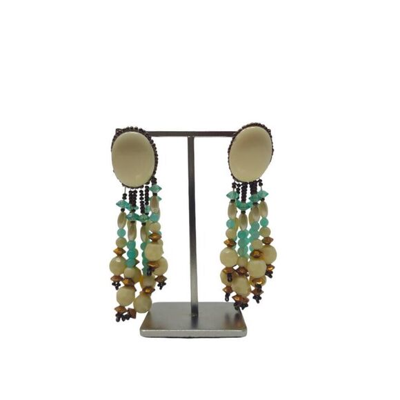 Handmade Elegant Vintage Cream & Teal Beaded Dangle Clip-On Earrings | 3.50" - Picture 4 of 6